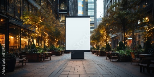 Vertical white empty LED billboard mockup outdoor. dvertising banner display in the street with trees and building in the background. Digital signage for ads and promotions photo