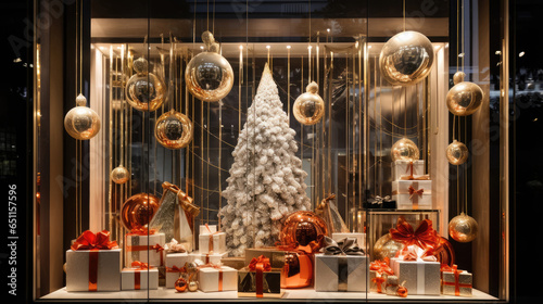 Christmas shop window decorated background. New Year's design decor for stores. Festive mood. Christmas and New Year sales concept. Stylish decoration storefront with garland lights and fur trees.