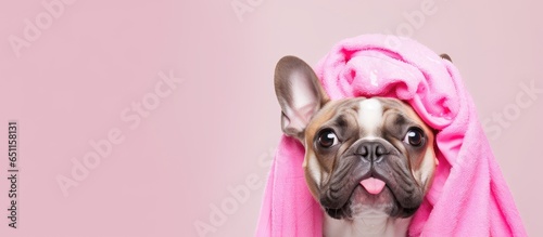 French bulldog receiving spa treatment with shower cap against white background © AkuAku