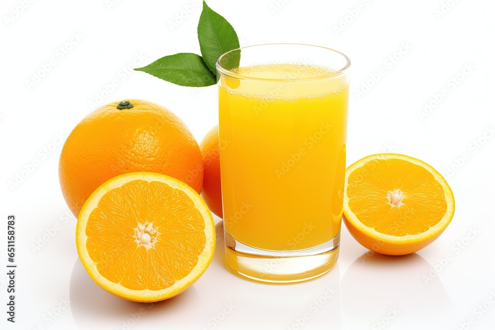 Orange juice. Juice in glass with orange slices and green leaf isolated on white background. generative ai Orange juice. Juice in glass with orange slices and green leaf isolated on white background. generative ai