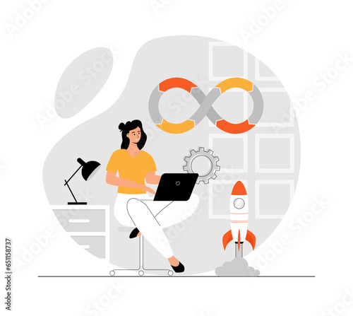 DevOps developer concept. Programmer working on software development, operations process, technical support, automation process. Illustration with people scene in flat design for website and mobile 