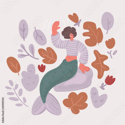 Vector illustration of Funny and cute young woman mermaid with sea lilies dancing, teenage mermaid girl waving, and Aloha from Hawaii text. Undersea inhabitant, mythic creature.