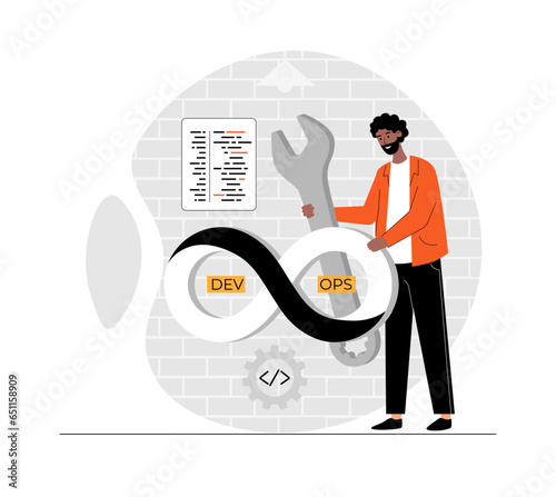 DevOps developer concept. Programmer working on software development, operations process, technical support, automation process. Illustration with people scene in flat design for website and mobile 