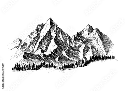 Mountain with pine trees and landscape black. Hand drawn rocky peaks in vintage sketch style. Travel, adventure and vacation concept. 