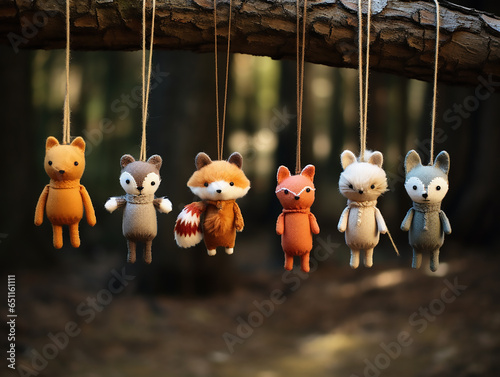 small cute handmade toys in the form of animals, sewn from fabric, hang on ropes in the forest against the backdrop of nature. Toys for puppet theater and for the New Year tree.
