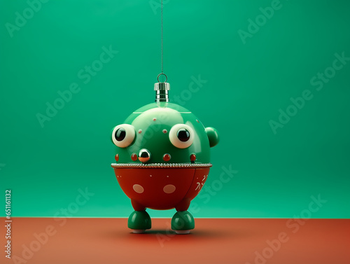 Christmas tree glass toy in the form of a green-red ball with eyes and legs on a green background. Unusual Christmas tree decoration.