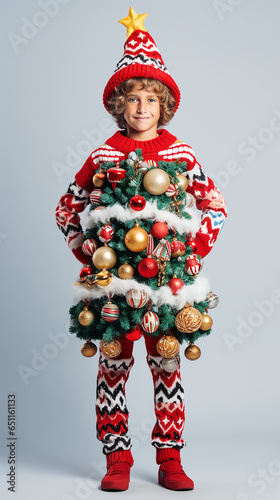 Teen boy dressed in a carnival costume of a New Year tree on a white background. Christmas ideas