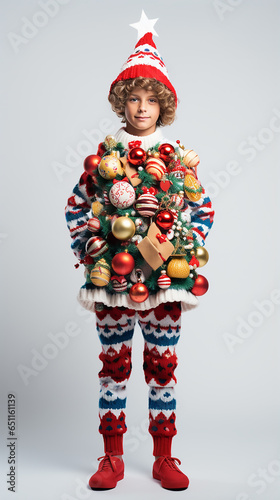 Teen boy dressed in a carnival costume of a New Year tree on a white background. Christmas ideas