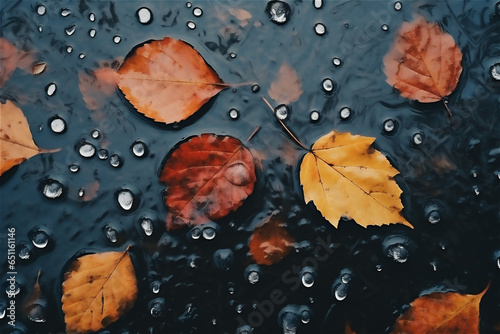 autumn orange leaves with rain drops on dark background