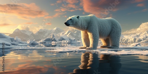 The polar bear walks on the ice against the backdrop of snowy mountains, the North Pole and the bear