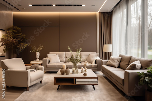 Modern interior with sofas, furniture, coffee table, elegant personal accessories in stylish home decor. Neutral living room.
