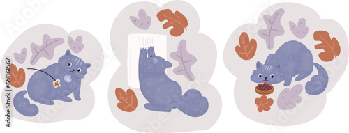 Vector illustration of Fat tabby cat is playing, pushing with a paw slow feeder ball with dry food inside, trying to take out a crunch. Playful kitty having fun with a challenging toy.