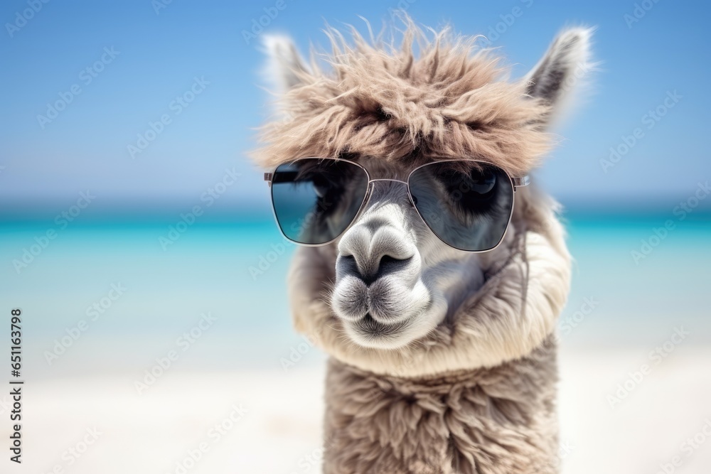 cute alpaca with sunglasses on beach background