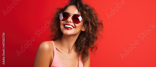 Cheerful Young Woman Smiling Against Red Background
