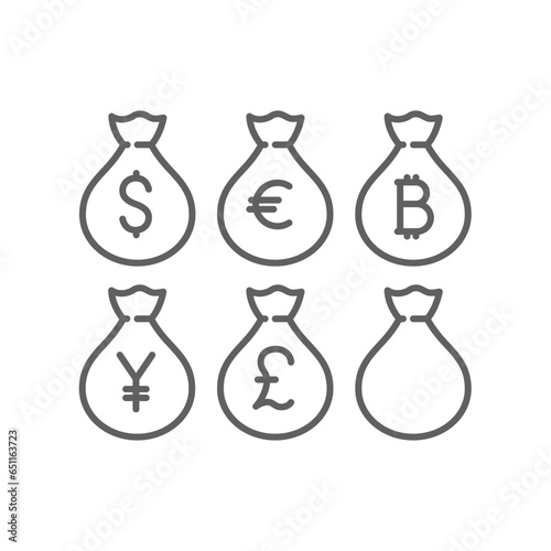 Bags with money sign line coin, set of Currency dollar, euro, british pound sterling, japanese yen, indian rupee financial banking Editable stroke Vector illustration Design