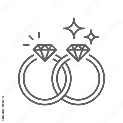 Wedding rings line icon. Shiny elegant diamond ring for couple relationship. Engagement fiance Jewelry. Marriage Jewel Accessory. Editable stroke. Vector illustration design