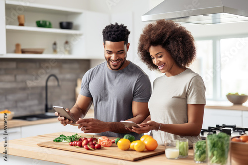 Young Couple Cooking Healthy Food with Recipe App in Modern Kitchen