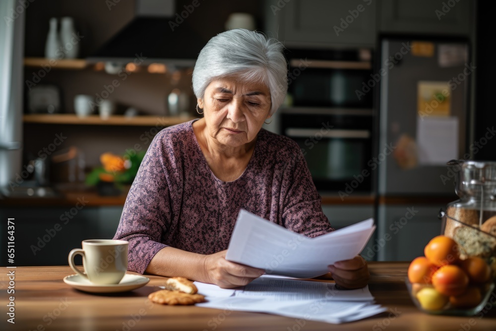 senior woman sitting at a wooden table and looking sadly at the received loan bills or credit - obrazy, fototapety, plakaty 
