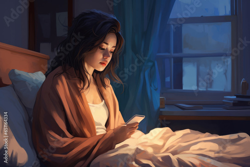 Woman relaxing on bed with phone at night