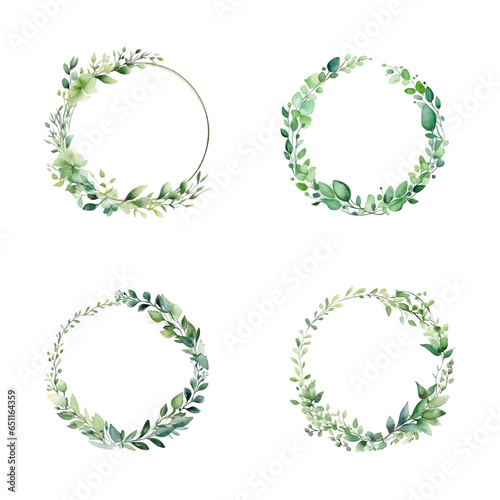 set of watercolor round flower frame illustrations, template wedding invitation card 
