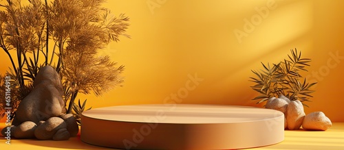 Minimalistic podium in brown coffee color with yellow pastel tone and plant shadow background Abstract concept illustration photo