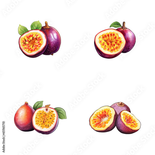 set of watercolor passion fruit illustrations with leaves isolated