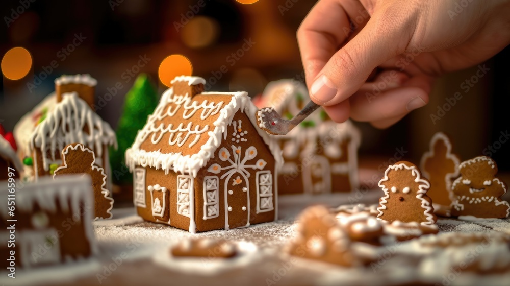  macro shot of hands skillfully assembling gingerbread cookie, with royal icing holding the pieces together, and a festive holiday backdrop