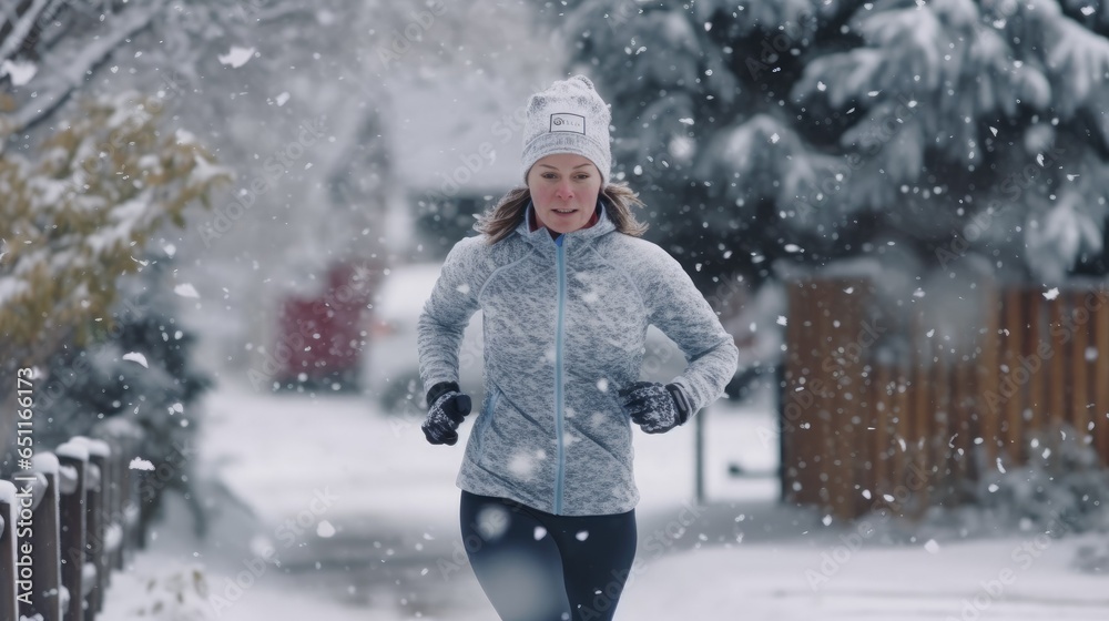 close-up a young woman jogging on a snowy mountain trail, with a backdrop of snow-capped peaks close-up a young woman jogging on a snowy mountain trail, with a backdrop of snow-capped peaks