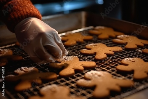  macro shot of hands skillfully assembling gingerbread cookie, with royal icing holding the pieces together, and a festive holiday backdrop
