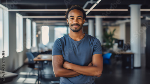 portrait of creative poc man at work wearing a blue tshirt and jeans smiling to camera in casual office 