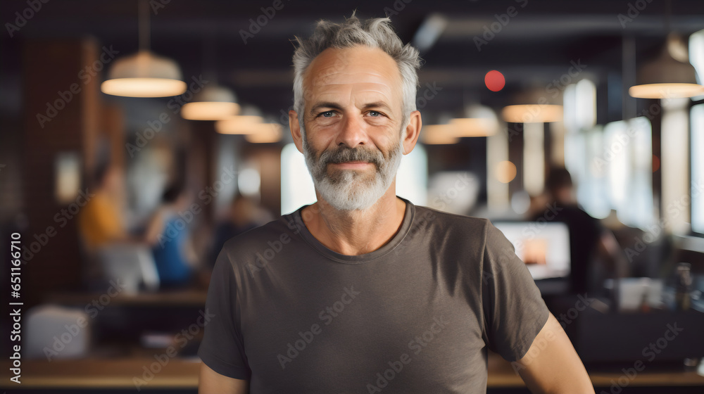 portrait of creative older man at work wearing a brown tshirt and jeans smiling to camera in casual office	 - obrazy, fototapety, plakaty 