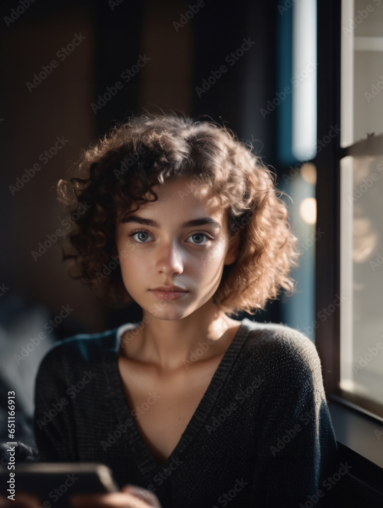 ritratto primo piano con volto di giovane donna dai capelli mossi, luce naturale, sguardo verso l'osservatore ritratto primo piano con volto di giovane donna dai capelli mossi, luce naturale, sguardo verso l'osservatore