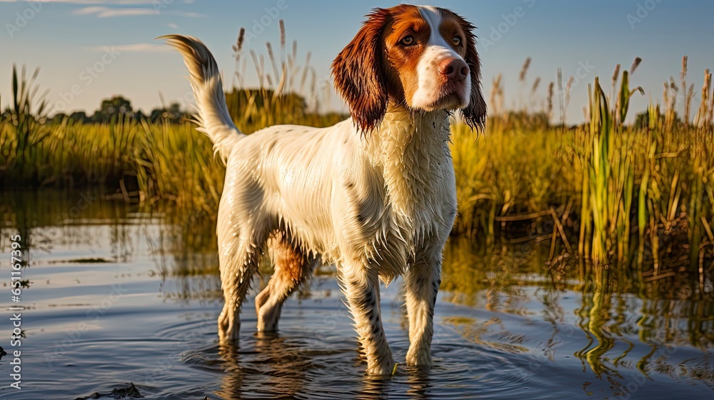 Brittany Spaniel standing on point in a serene lagoon surrounded by reeds and a swamp. Perfect pet for hunting enthusiasts