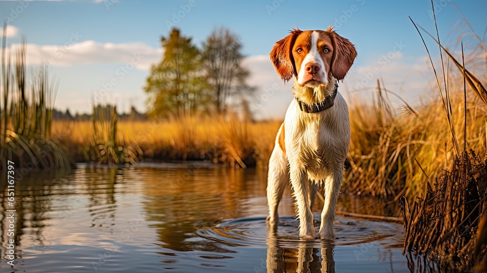 Brittany Spaniel Standing on Point in Reed-Lined Lagoon - Pet Dog in Swamp Pointing Prey - obrazy, fototapety, plakaty 