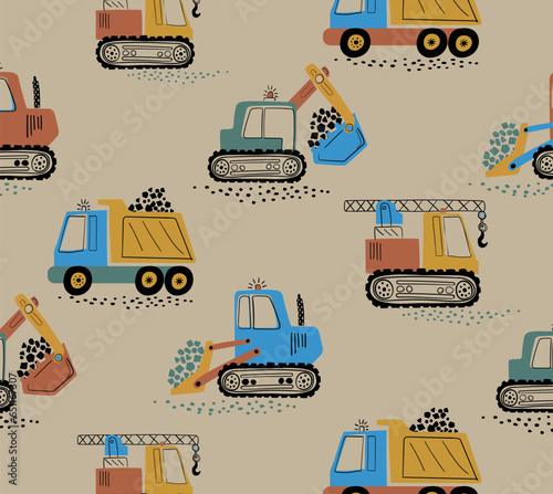 Seamless pattern vector of construction vehicles cartoon in hand drawn concept