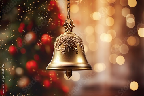 Bell Ringing Against Bright Golden Bokeh Background. Shiny Metal Bell for Celebration, Christmas Decoration, and Happy December Concept