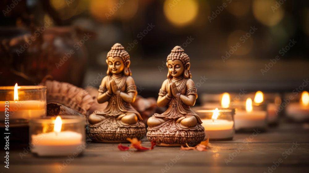 Close-up of buddha statues and candles. Meditation, religion concept.