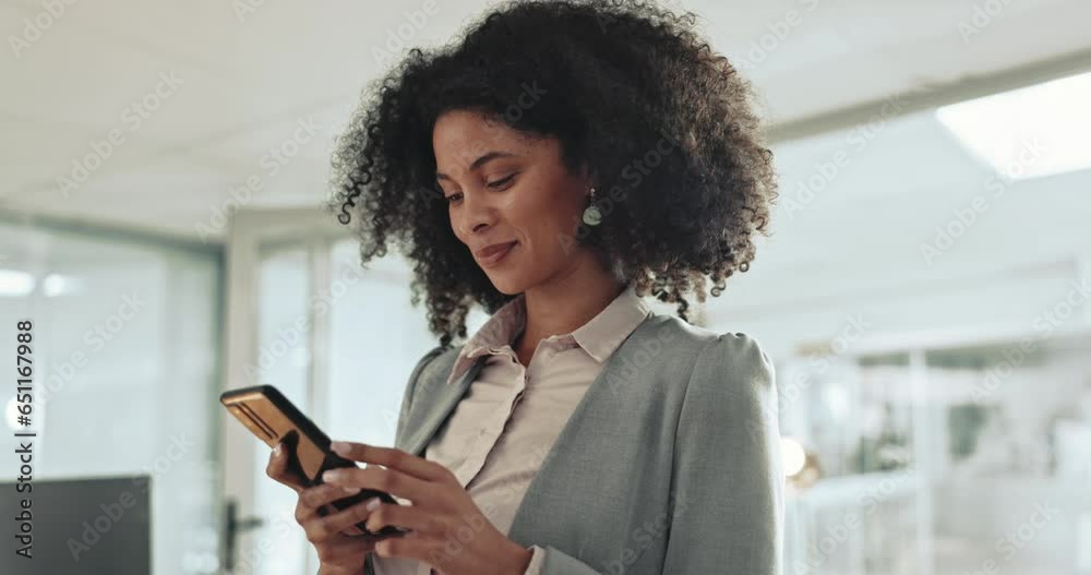 Happy woman, phone and typing in office for social network, mobile chat and digital contact. Business employee scroll on cellphone, reading news and search media for information, download app or text