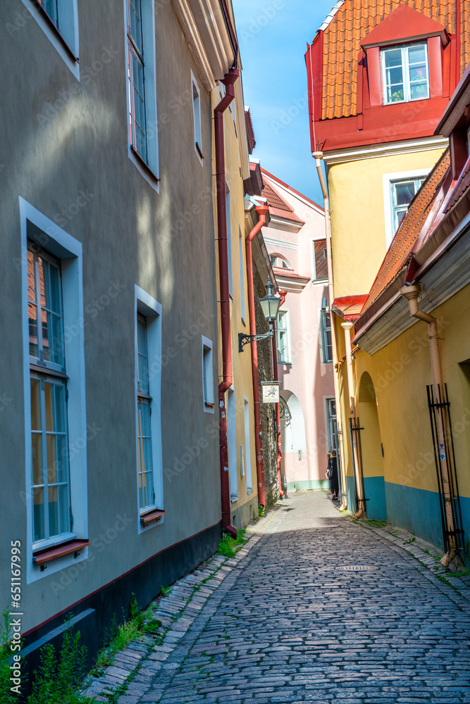 Tallinn, Estonia - July 15, 2017: Tallinn medieval streets and buildings on a sunny summer day