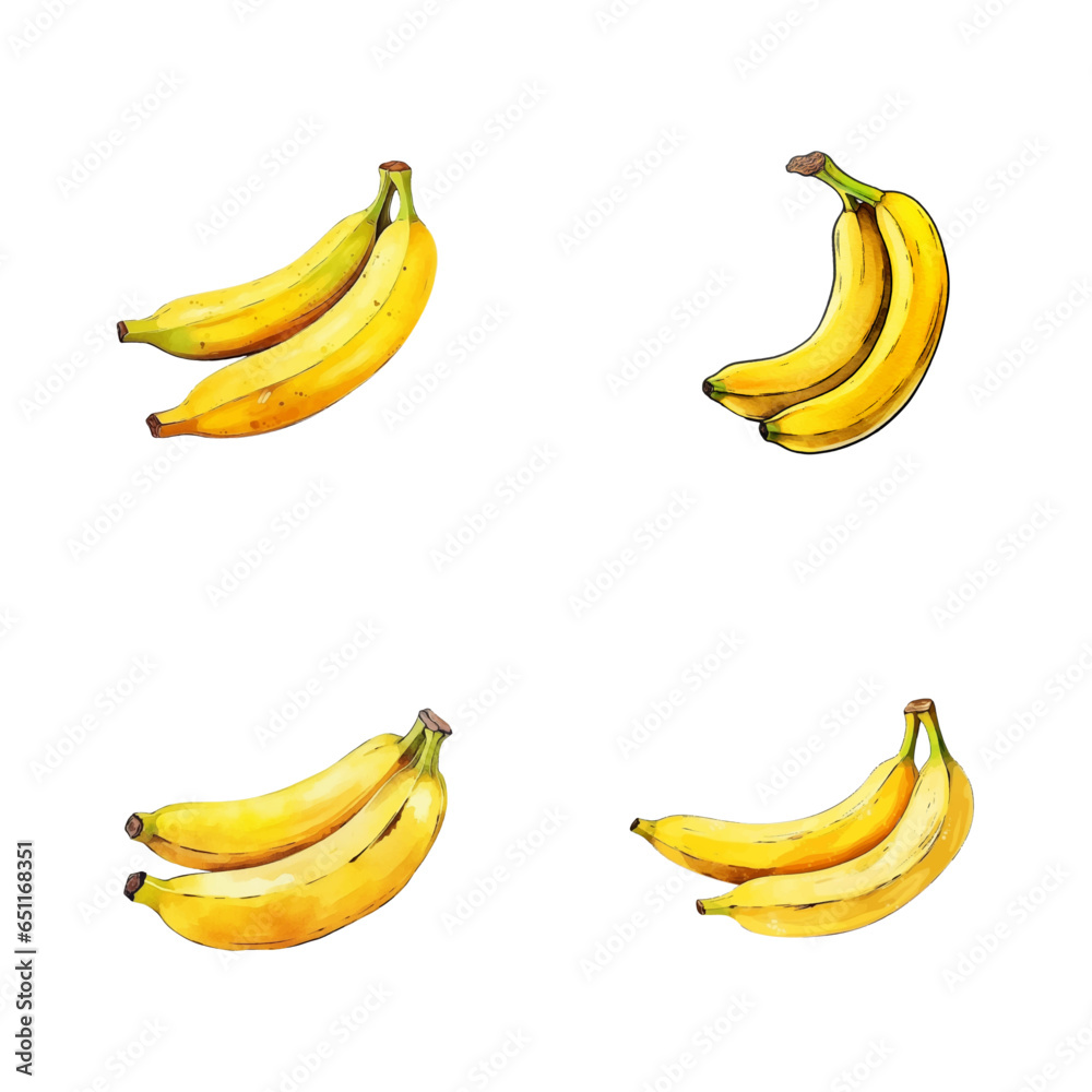 set of watercolor illustration of banana fruit isolated on a white background