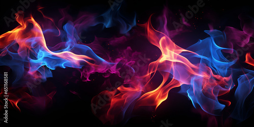Blue,yellow and red color fire flames on black background with bright light effect. Ai Generative