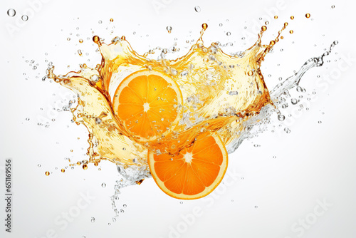 Splash effect of orange juice on white background. 