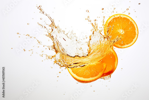 Splash effect of orange juice on white background. 