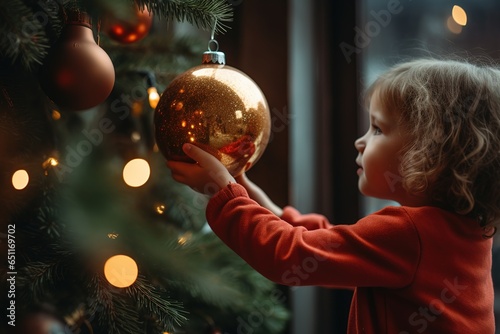 Niña sosteniendo esfera de navidad del árbol