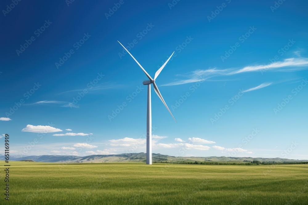 Wind turbine against a background of wide fields and clear blue sky, representing renewable energy Wind turbine against a background of wide fields and clear blue sky, representing renewable energy