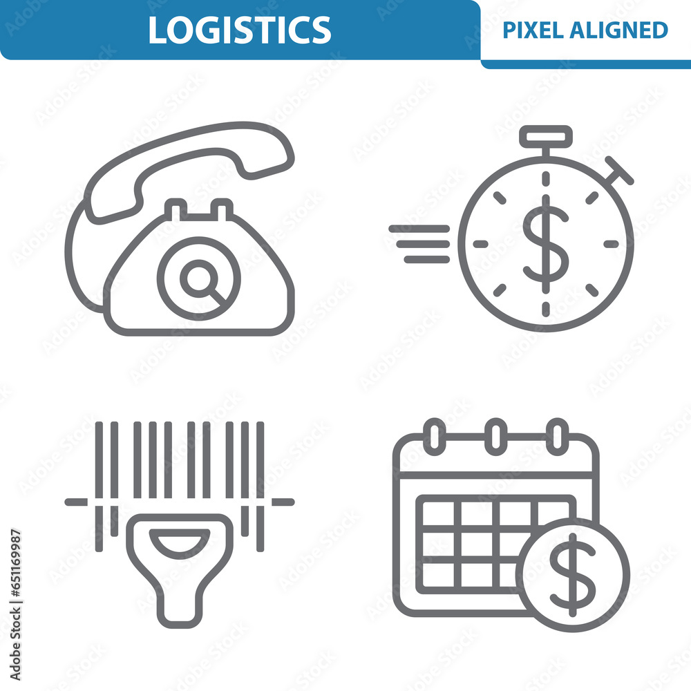 Logistics Icons. Telephone, Phone, Deadline, Timer, Stopwatch, Barcode, Calendar Vector Icon Logistics Icons. Telephone, Phone, Deadline, Timer, Stopwatch, Barcode, Calendar Vector Icon