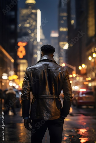 back view of poc man standing in city, wearing black leather jacket