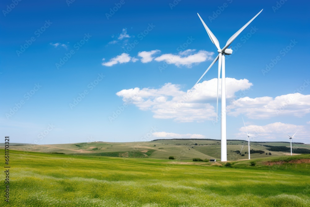 Fototapeta premium Wind turbine against a background of wide fields and clear blue sky, representing renewable energy
