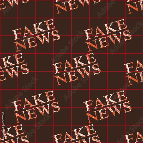 Seamless pattern with textured Fake News lettering and lattice. Background, wallpaper in a brown color palette. Vector illustration