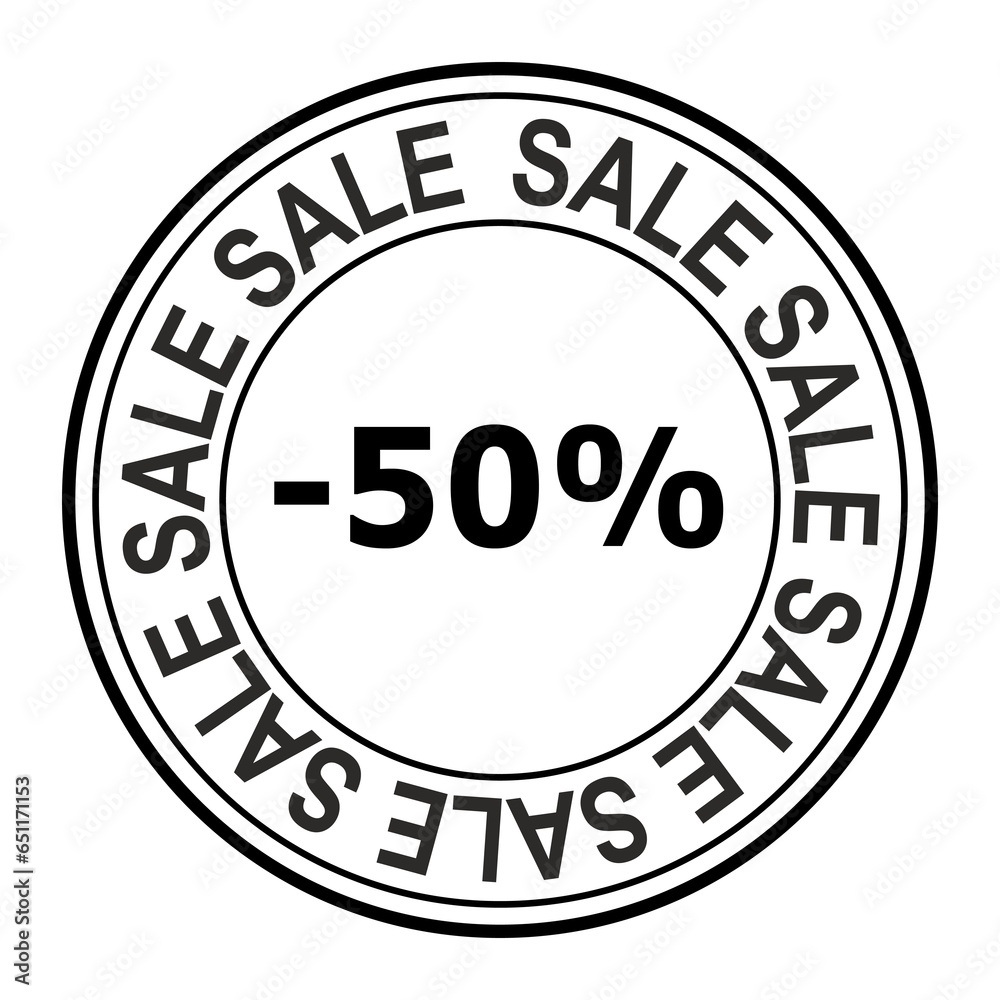 simple sale round sale stamp black and white -50% without background